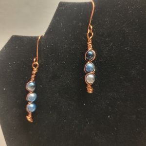 Copper and  Blue Faux Pearl Dangle Earrings